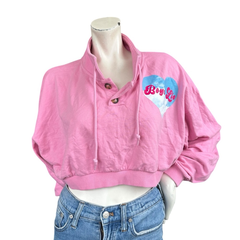 Boys Lie Head In The Clouds Pink Heart Logo Cropped Henley Cotton Crew Size S/M